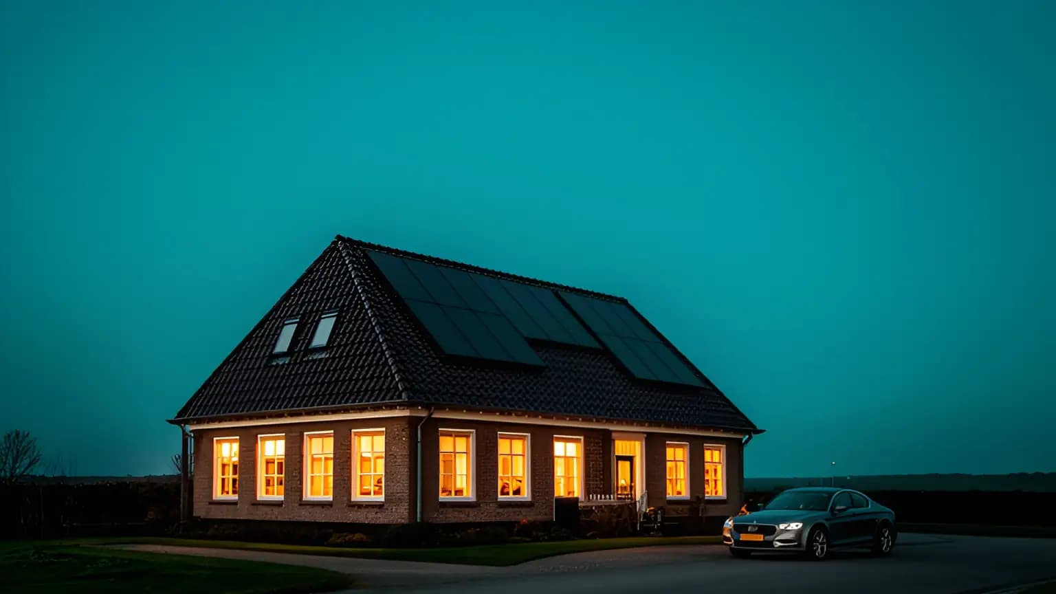 Een Nederlandse woning in de avond met verlichte ramen en zonnepanelen op het dak