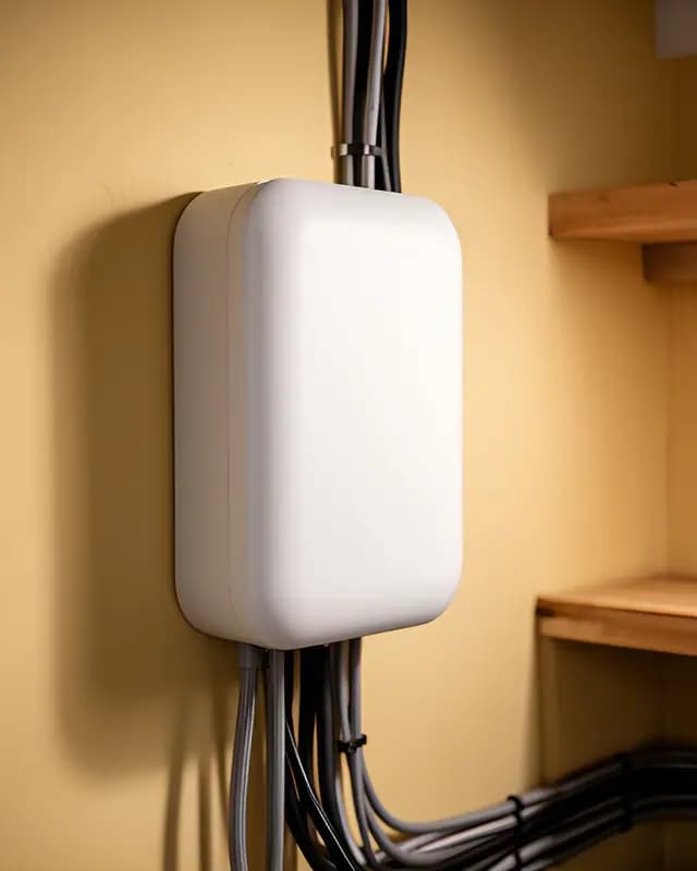 Witte thuisbatterij aan de muur van een bijkeuken