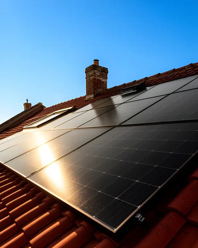 Zonnepanelen op een Nederlands pannendak in fel zonlicht