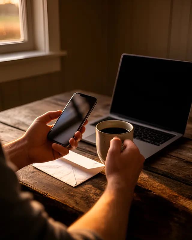 Handen met een smartphone en koffie aan een houten tafel, met een envelop en laptop