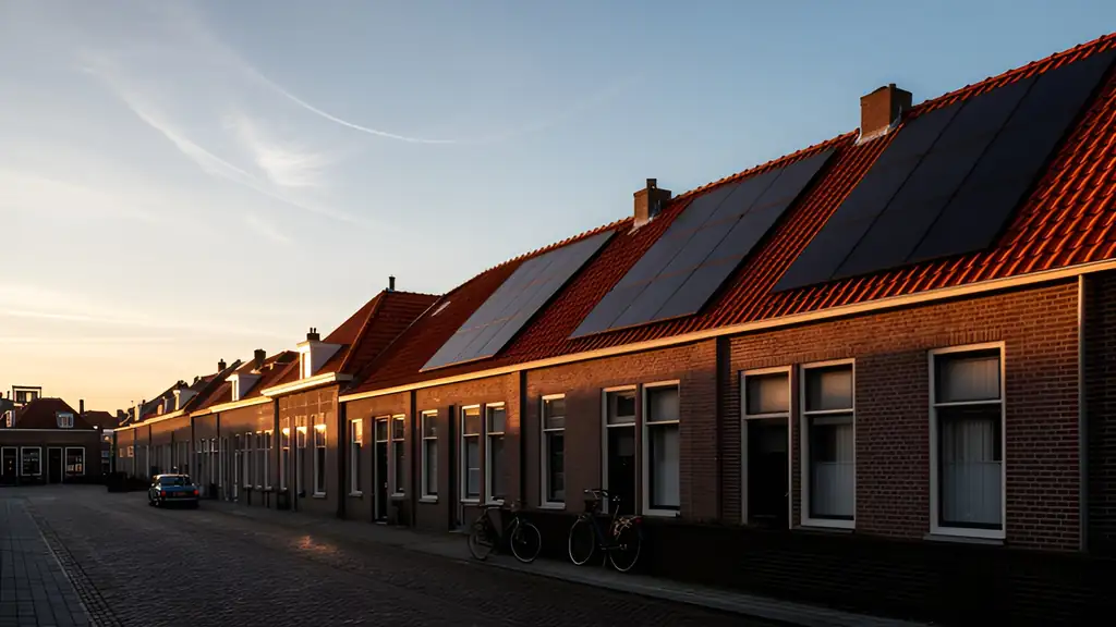 Rijtjeshuizen in een Nederlandse straat in het ochtendlicht, met zonnepanelen op de daken
